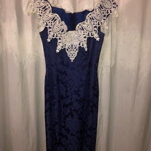 Classic Jessica McClintock Gunne Sax Navy Blue Brocade & Lace cocktail/ prom